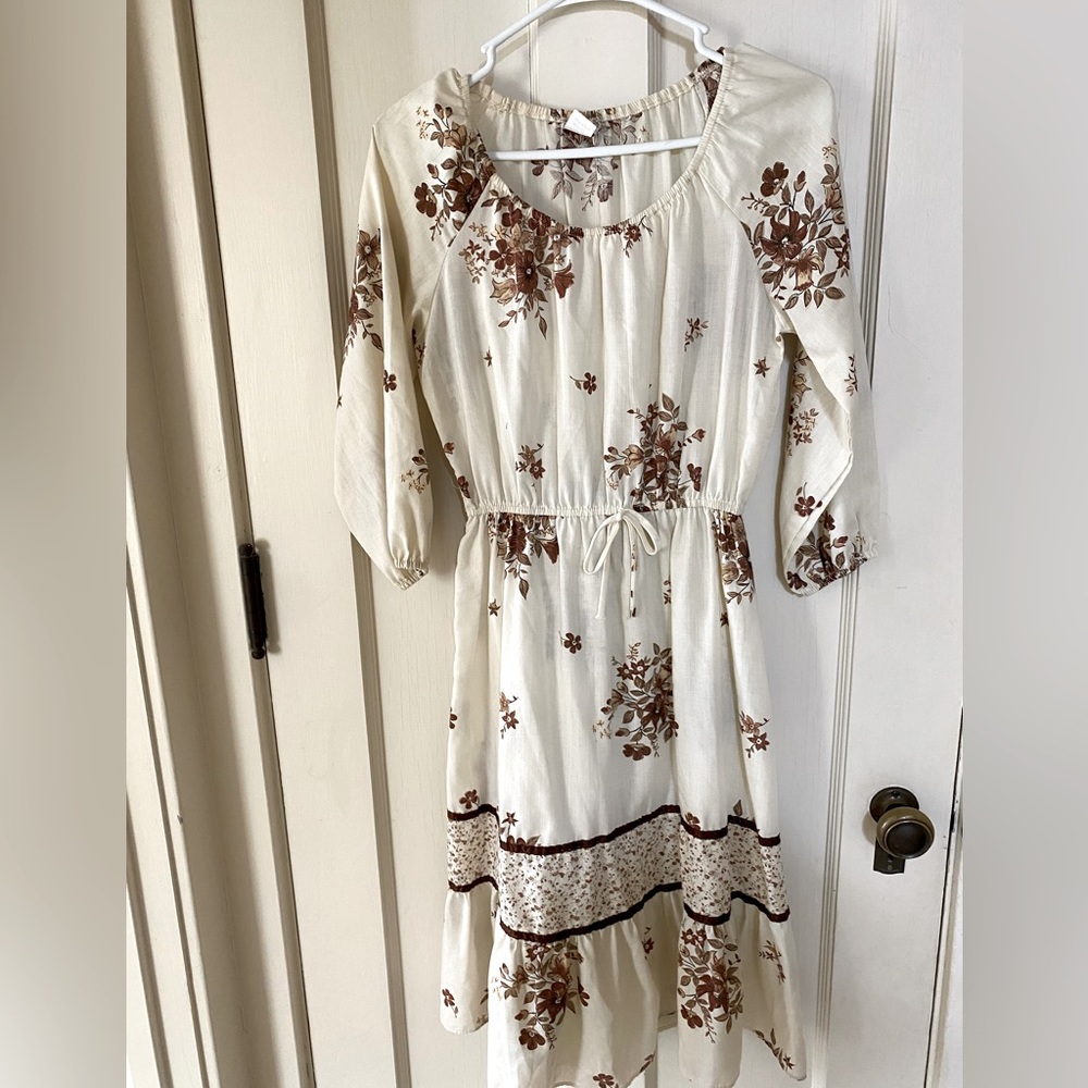 Vintage ivory and brown floral peasant dress small/medium 13